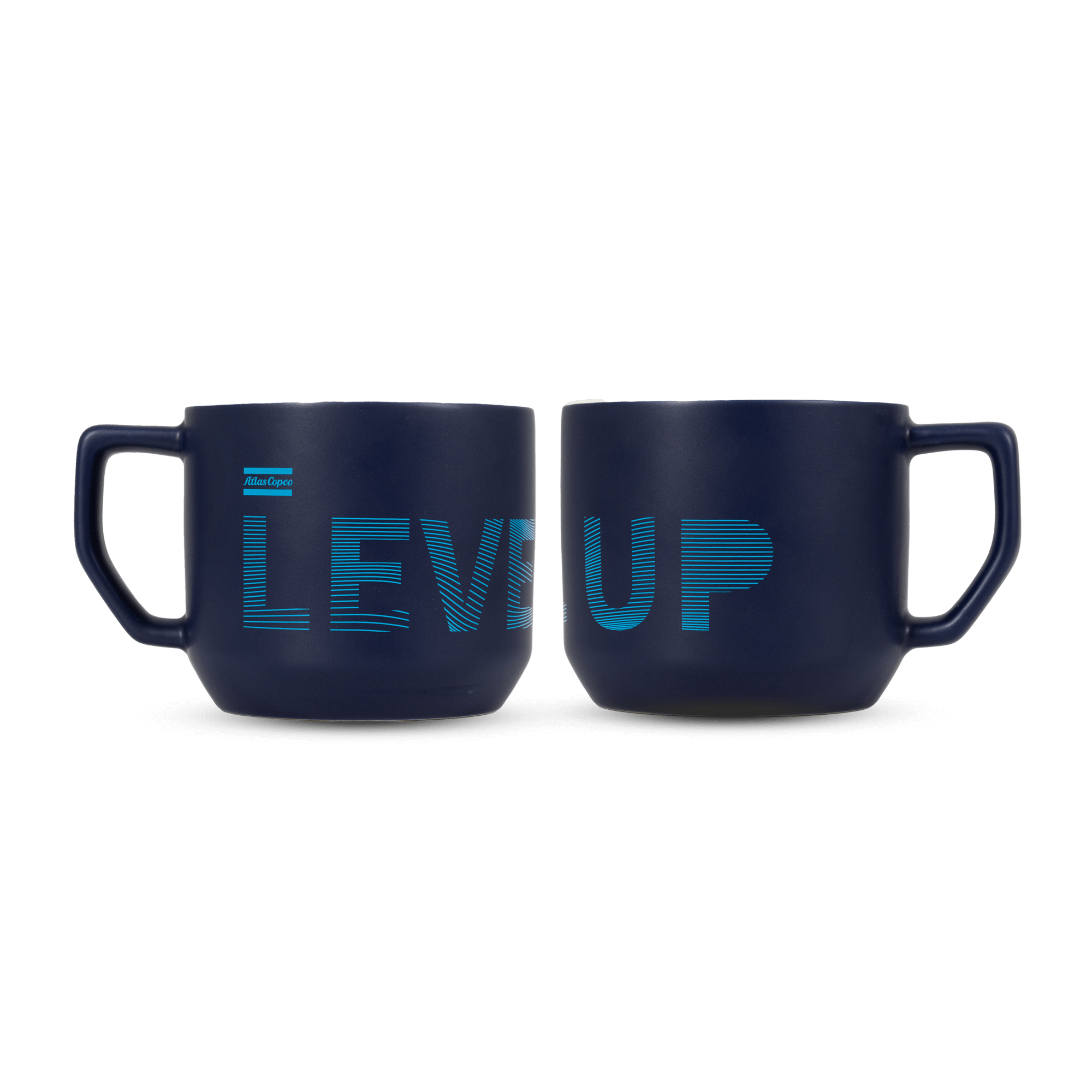 blue cheramic mug with atlas copco logo and level up the experience back and front