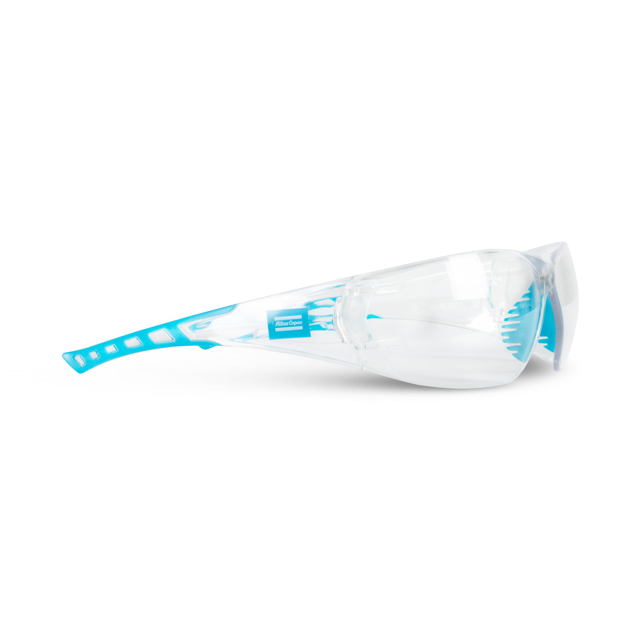 clear and blue safety goggles and atlas copco logo