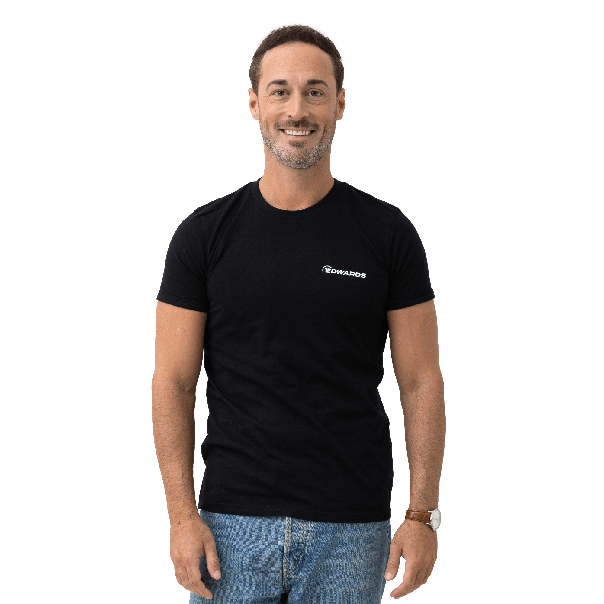 black t-shirt with white logo