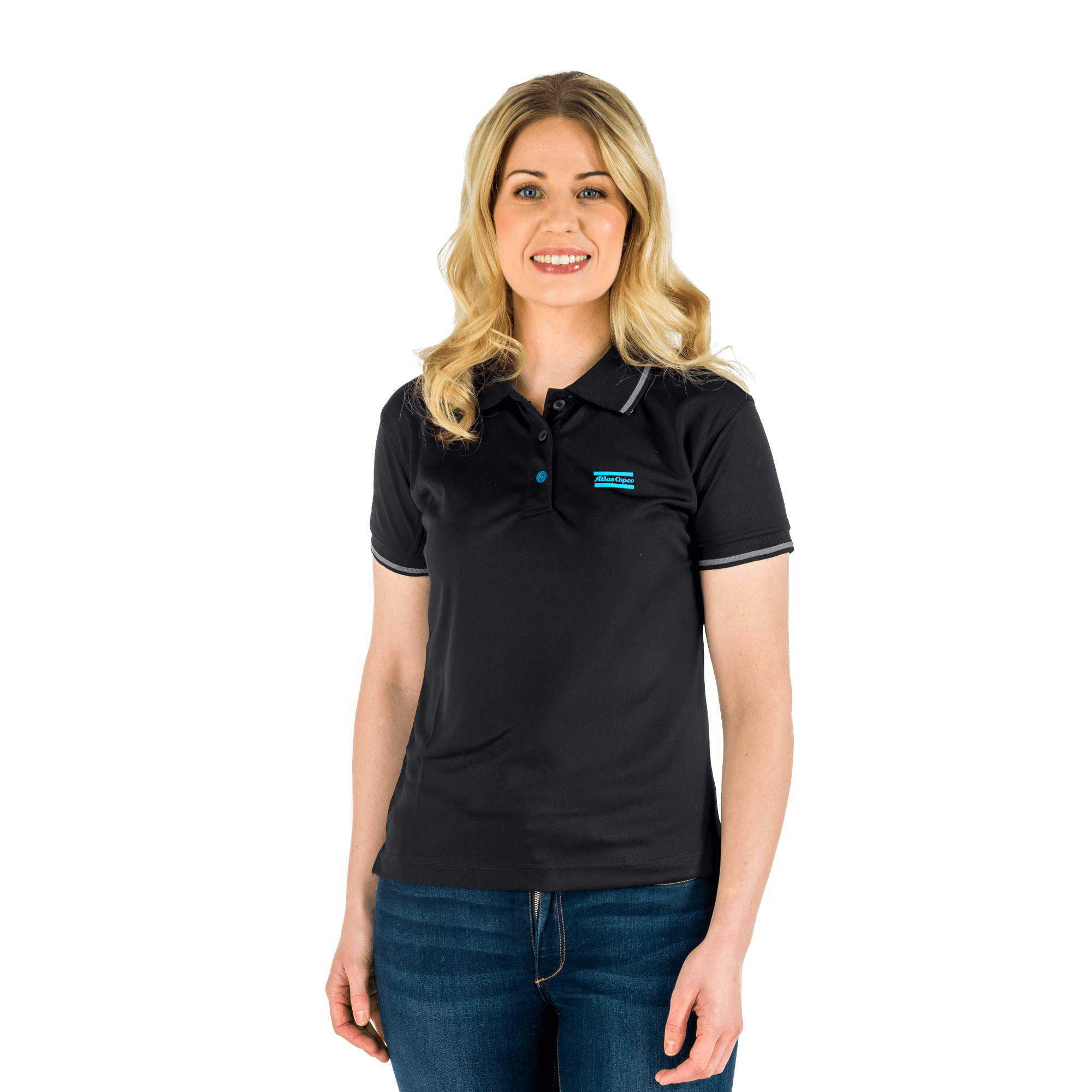 black polo with blue atlas copco logo