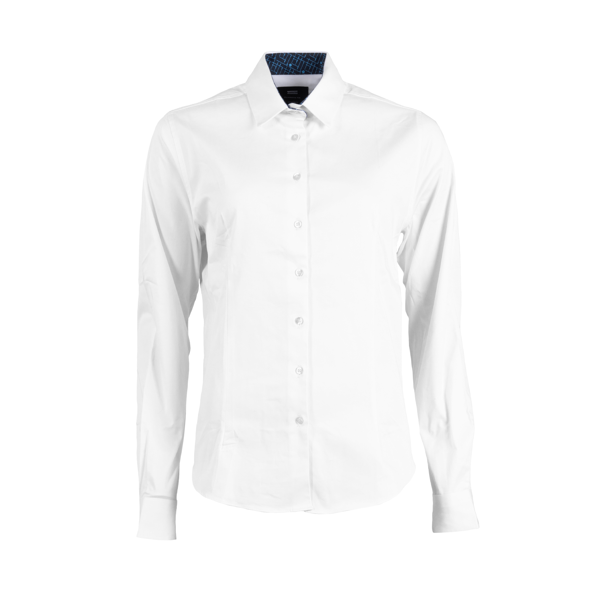 white business shirt with logo on sleeves