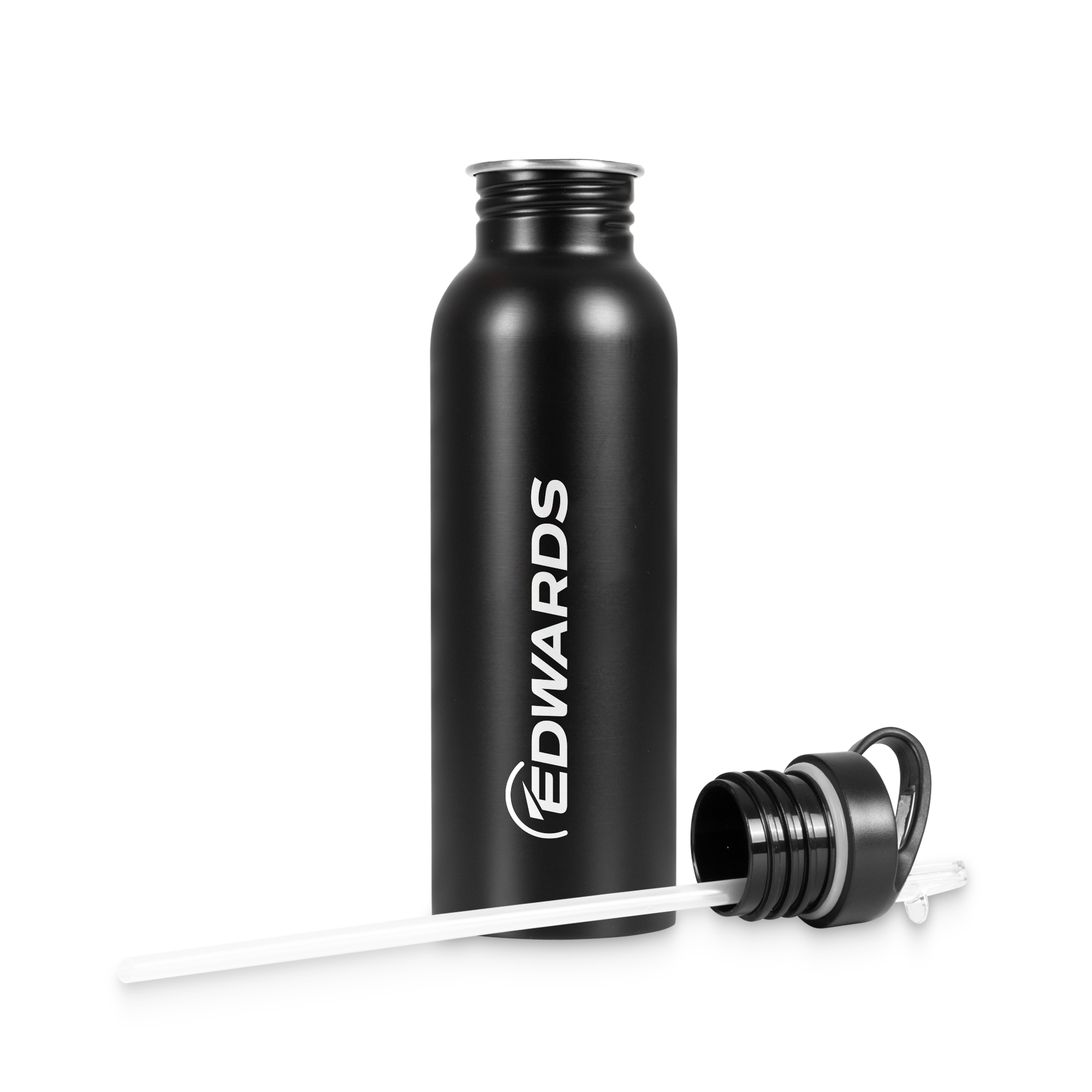 black water bottle with white edwards logo