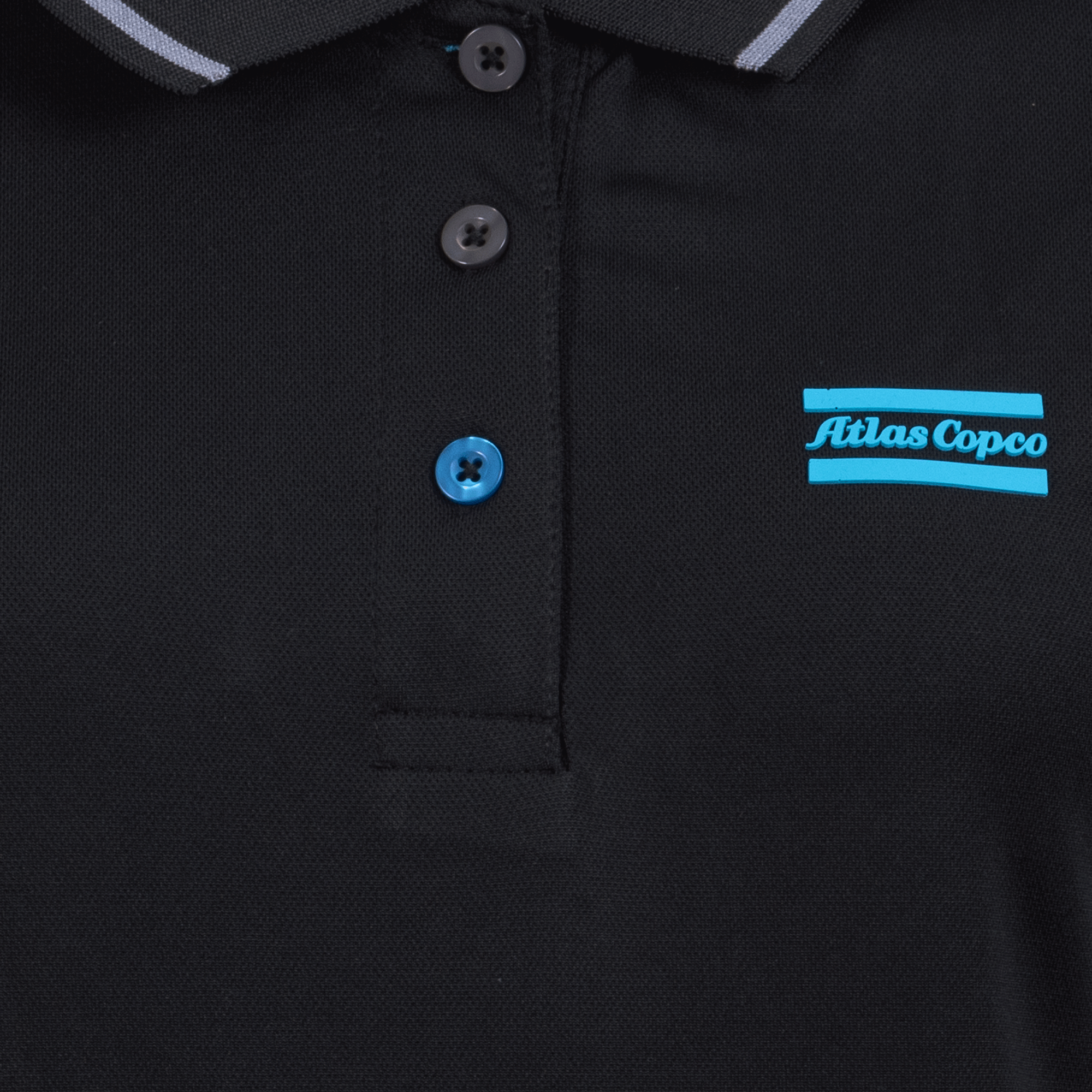 black polo with blue atlas copco logo closeup