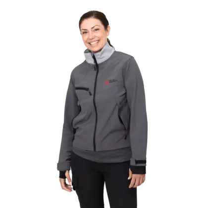 grey work wear jacket on female model