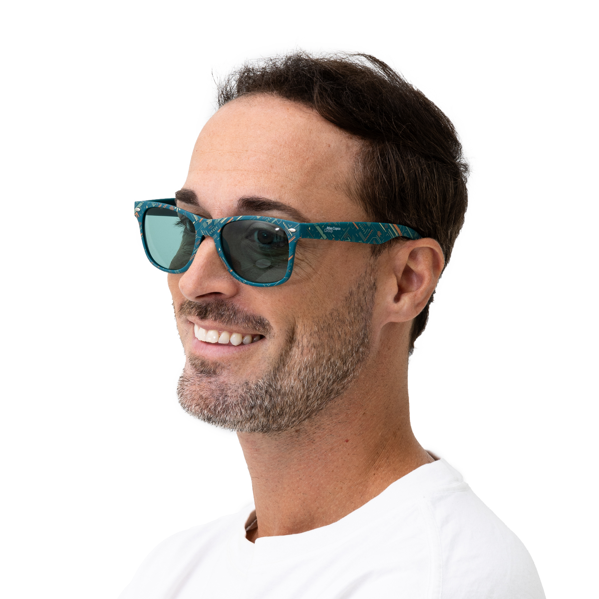teal atlas copco group sunglasses with pattern and white logo